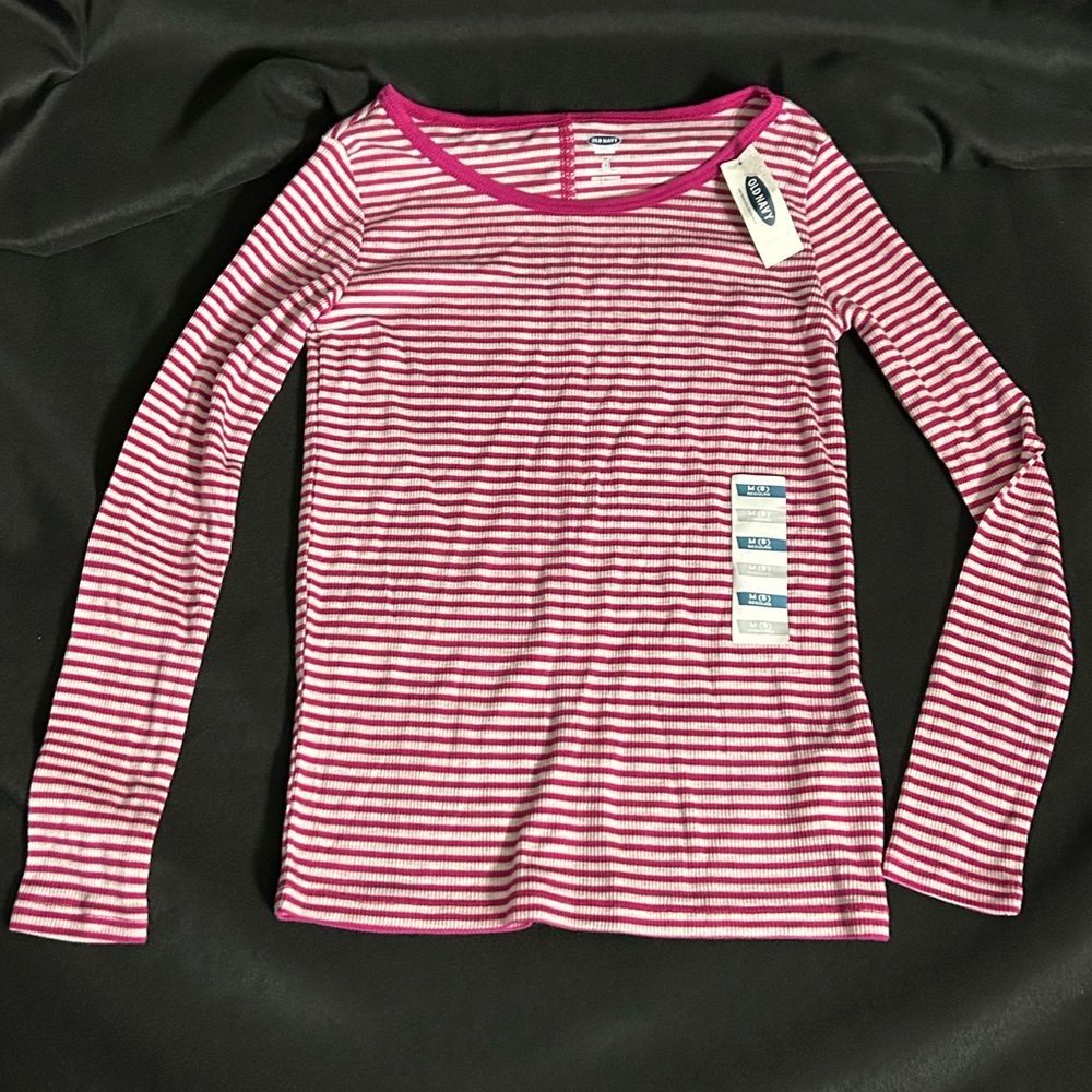 Old Navy Girls Textured Striped Pink & White Lightweight Long Sleeve Tee MD NWT